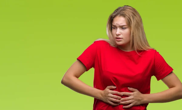 Mujer Caucásica Joven Sobre Fondo Aislado Con Mano Estómago Porque — Foto de Stock