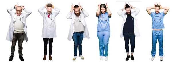 Collage Group Doctors Surgeons People White Isolated Background Posing Funny — Stock Photo, Image