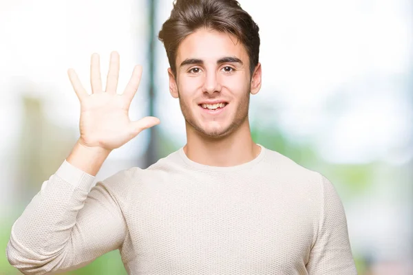 Молодий Красивий Чоловік Над Ізольованим Тлом Показує Вказує Пальцями Номер — стокове фото