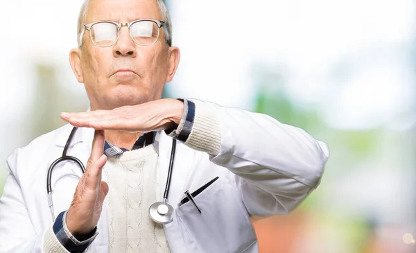 Handsome Senior Doctor Man Wearing Medical Coat Doing Time Out — Stock Photo, Image