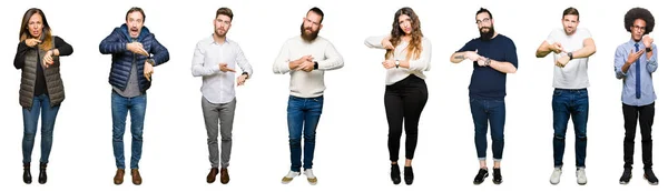 Collage Personas Sobre Fondo Blanco Aislado Prisa Apuntando Ver Tiempo — Foto de Stock