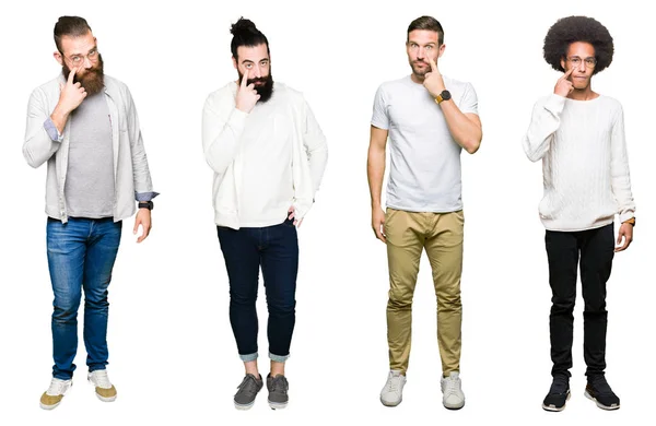 Collage Grupp Unga Män Över Vita Isolerade Bakgrund Peka Till — Stockfoto