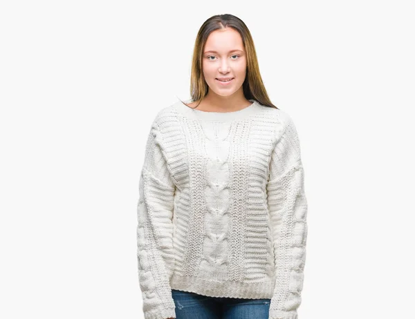 Young Beautiful Caucasian Woman Wearing Winter Sweater Isolated Background Happy — Stock Photo, Image