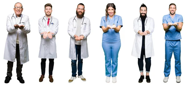 Collage Gruppo Medici Chirurghi Persone Sfondo Bianco Isolato Sorridente Con — Foto Stock