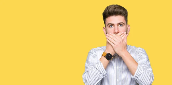 Young Handsome Man Shocked Covering Mouth Hands Mistake Secret Concept — Stock Photo, Image