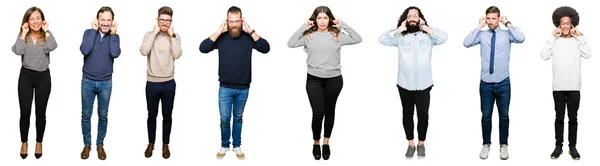 Collage Persone Sfondo Bianco Isolato Che Coprono Orecchie Con Dita — Foto Stock