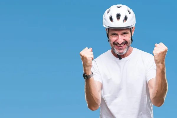 Hombre Ciclista Mediana Edad Con Casco Seguridad Bicicleta Aislado Celebrando —  Fotos de Stock