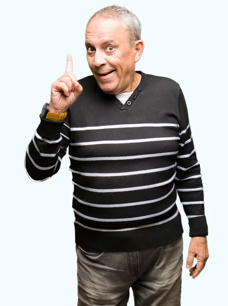 冬を着てハンサムな年配の男性ストライプ セーター人差し指を成功したアイデアをします 終了したと満足しています ナンバーワン — ストック写真