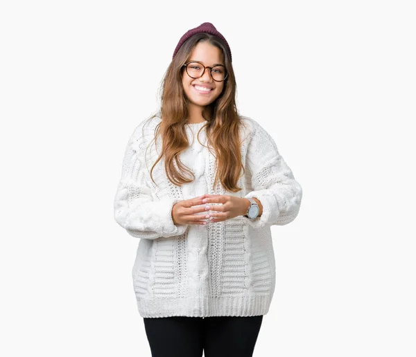 Junge Schöne Brünette Hipsterfrau Mit Brille Und Wintermütze Über Isolierten — Stockfoto