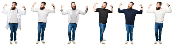 Collage Young Man Bun White Isolated Background Showing Arms Muscles — Stock Photo, Image