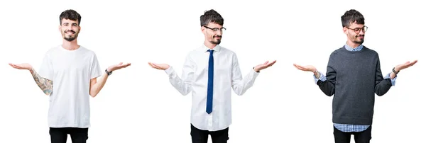 Collage Young Man Isolated Background Smiling Showing Both Hands Open — Stock Photo, Image