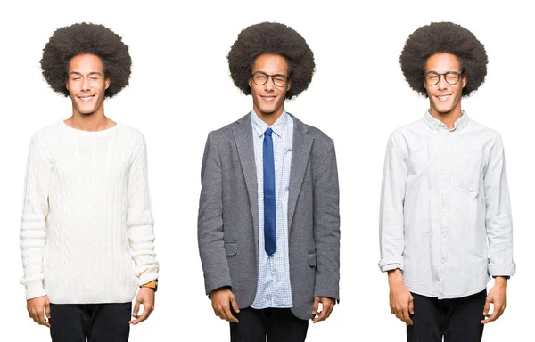 Collage Giovane Uomo Con Capelli Afro Sfondo Bianco Isolato Strizzando — Foto Stock