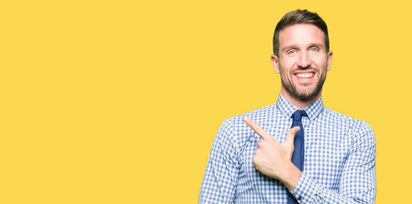 Handsome Business Man Wearing Tie Cheerful Smile Face Pointing Hand — Stock Photo, Image