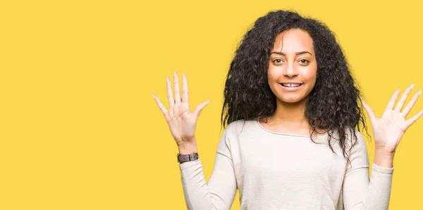 Young Beautiful Girl Curly Hair Wearing Casual Sweater Showing Pointing — Stock Photo, Image