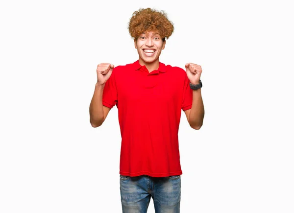 Young Handsome Man Afro Hair Wearing Red Shirt Celebrating Surprised — Stock Photo, Image