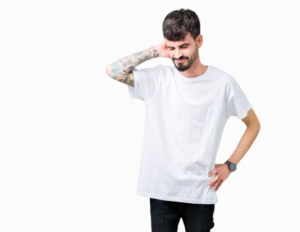 Jovem Bonito Homem Vestindo Branco Shirt Sobre Isolado Fundo Sofrendo — Fotografia de Stock