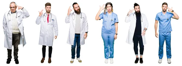 Koláž Skupiny Lékařů Chirurgů Lidí Nad Bílá Izolované Pozadí Natáčení — Stock fotografie