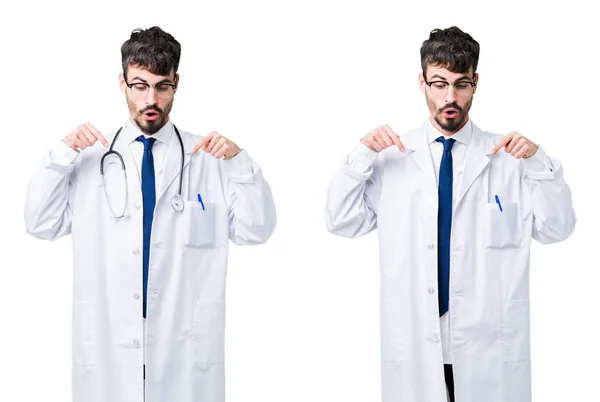 Tıbbi Giyen Genç Doktor Adam Kolaj Aşağı Reklam Sürpriz Yüz — Stok fotoğraf
