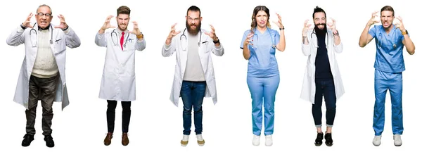 Collage Grupo Médicos Cirujanos Personas Sobre Fondo Blanco Aislado Gritando — Foto de Stock