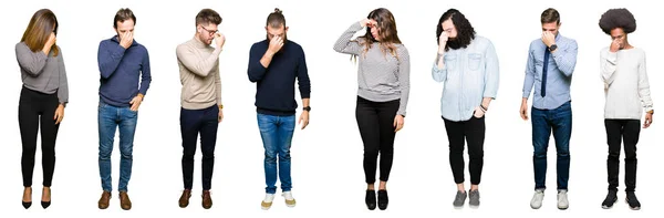Collage Personer Över Isolerade Vitbakgrund Trött Gnugga Näsan Och Ögonen — Stockfoto