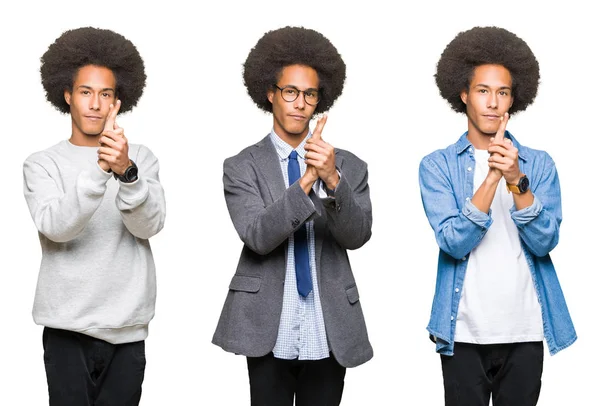 Collage Ung Man Med Afro Hår Över Isolerade Vitbakgrund Holding — Stockfoto