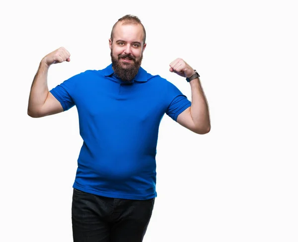 Mladý Bělošský Bokovky Muž Sobě Modrou Košili Izolované Pozadí Ukazuje — Stock fotografie