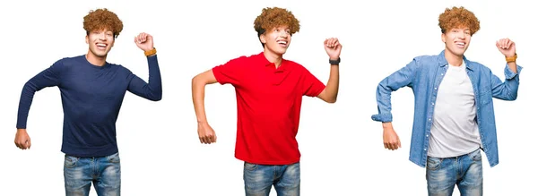 Collage Young Man Wearing Different Looks Isolated White Background Dancing — Stock Photo, Image