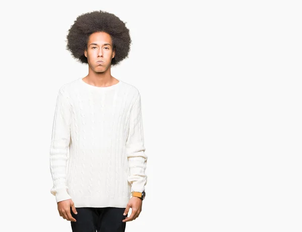 Young African American Man Afro Hair Wearing Winter Sweater Puffing — Stock Photo, Image