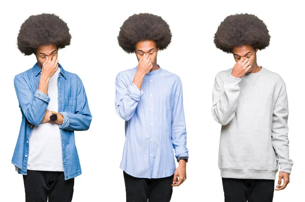 Colagem Jovem Com Cabelo Afro Sobre Fundo Isolado Branco Cansado — Fotografia de Stock