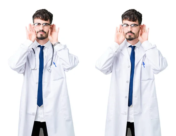 Colagem Jovem Médico Vestindo Casaco Médico Tentando Ouvir Ambas Mãos — Fotografia de Stock