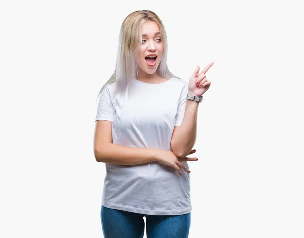 Young Blonde Woman Isolated Background Big Smile Face Pointing Hand — Stock Photo, Image