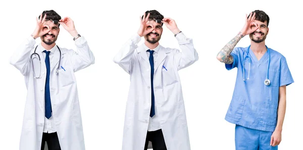 Collage Médico Hombre Con Abrigo Médico Sobre Fondo Aislado Haciendo — Foto de Stock