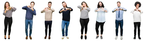 Collage Personas Sobre Fondo Blanco Aislado Sonriendo Amor Mostrando Símbolo — Foto de Stock