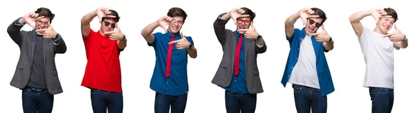 Collage Hombre Joven Sobre Fondo Blanco Aislado Sonriendo Haciendo Marco —  Fotos de Stock
