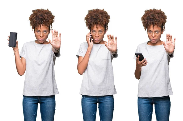 Collage Young Beautiful African Girl Using Smartphone Open Hand Doing — Stock Photo, Image