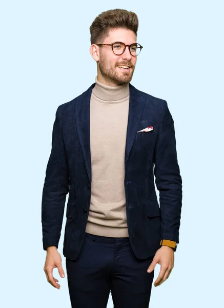 Young Handsome Business Man Wearing Glasses Looking Away Side Smile — Stock Photo, Image