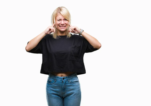 Junge Schöne Blonde Frau Über Isoliertem Hintergrund Die Die Ohren — Stockfoto