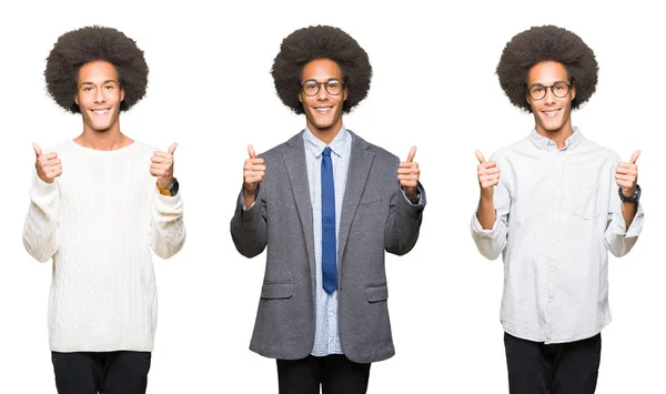 Коллаж Молодого Человека Афроволосами Белом Изолированном Фоне Знак Успеха Делает — стоковое фото