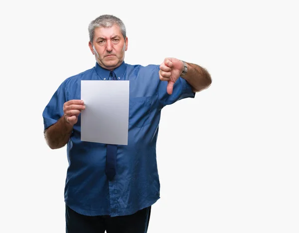 Schöner Älterer Mann Mit Leerem Blatt Papier Vor Isoliertem Hintergrund — Stockfoto