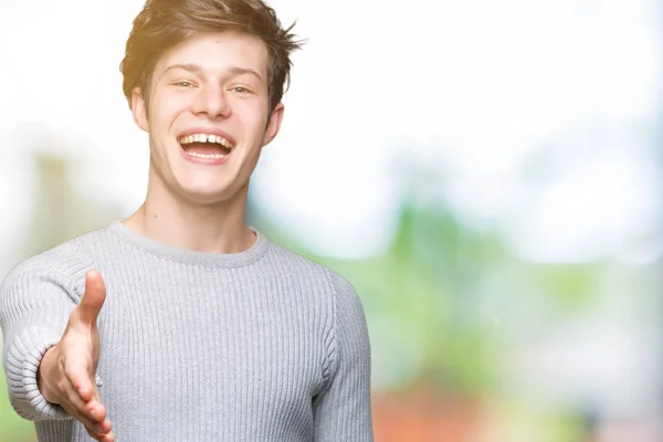 Jovem Homem Bonito Vestindo Camisola Inverno Sobre Fundo Isolado Sorrindo — Fotografia de Stock