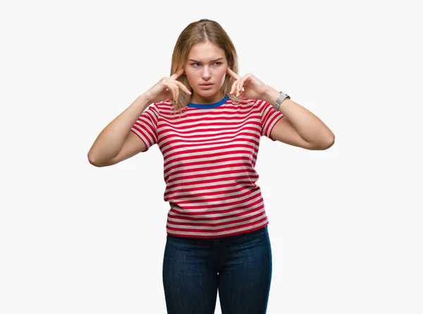 Young Caucasian Woman Isolated Background Covering Ears Fingers Annoyed Expression — Stock Photo, Image