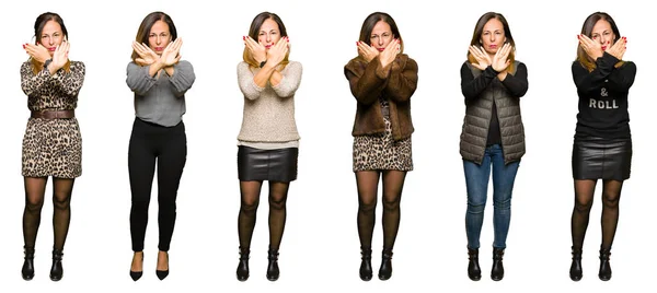 Collage Einer Schönen Frau Mittleren Alters Die Unterschiedliche Blicke Über — Stockfoto