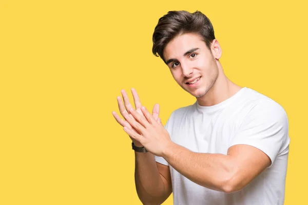 Young Handsome Man Wearing White Shirt Isolated Background Clapping Applauding — Stock Photo, Image