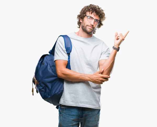 Bonito Estudante Hispânico Vestindo Mochila Óculos Sobre Fundo Isolado Com — Fotografia de Stock