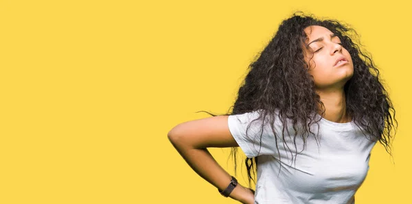 Young Beautiful Girl Curly Hair Wearing Casual White Shirt Suffering — Stock Photo, Image