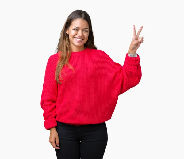 Young Beautiful Brunette Woman Wearing Red Winter Sweater Isolated Background — Stock Photo, Image