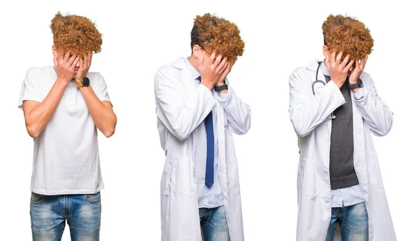 Koláž Mladý Lékař Muže Kabátě Zdravotnické Izolované Bílém Pozadí Smutný — Stock fotografie