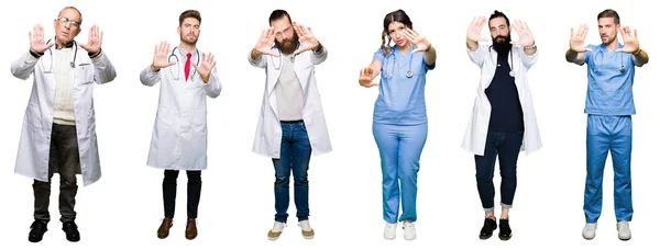 白で医師と外科医の人々 のグループのコラージュ分離笑顔のフレームを使用して行う手のひらと指 カメラの視点の背景 — ストック写真