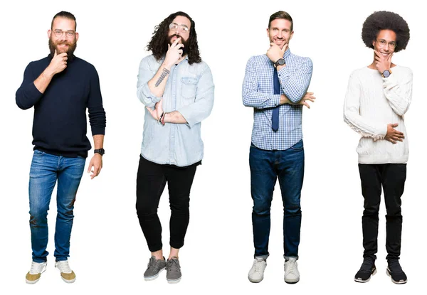 Collage Grupp Unga Män Över Vit Isolerade Bakgrund Ser Självsäker — Stockfoto