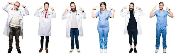 Collage Group Doctors Surgeons People White Isolated Background Smiling Pointing — Stock Photo, Image